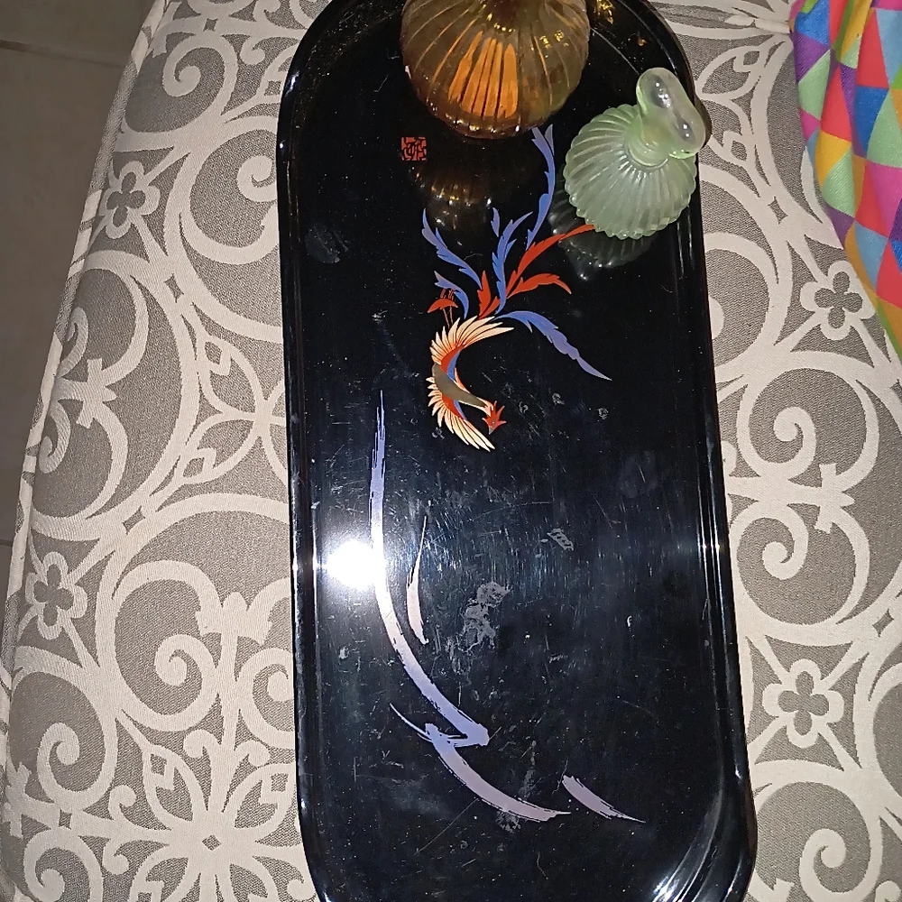 Black Lacquer Asian Bird vintage Vanity Tray